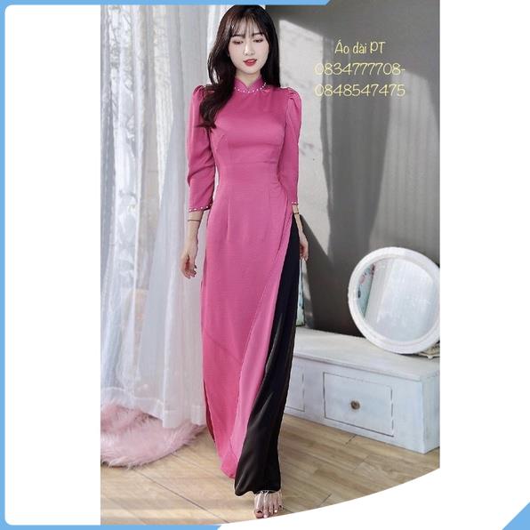 Áo dài hồng trơn tay bồng, thiết kế cổ cao 2p đính ngọc, tay bồng lỡ, chất vải lụa tây thi 2 tà mềm mại