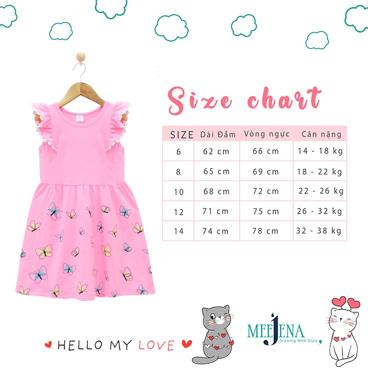 Đầm Bé Gái Tay Cánh Tiên in Bướm 14-38 kg MEEJENA - 100% COTTON 4C - 2073