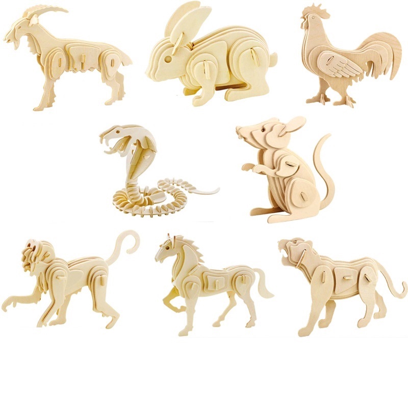 Xếp hình gỗ 3D mô hình động vật, đồ chơi lắp ráp mô hình 3D bằng gỗ hình các loài vật chuột, ngựa..