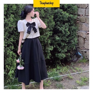 SET ÁO CROPTOP VIỀN ĐEN PHỐI NƠ + CHÂN VÁY MIDI [kèm ảnh thật ]