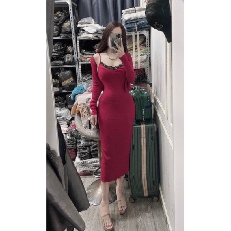 Đầm  2 dây kém áo khoác  chất vải thun gân