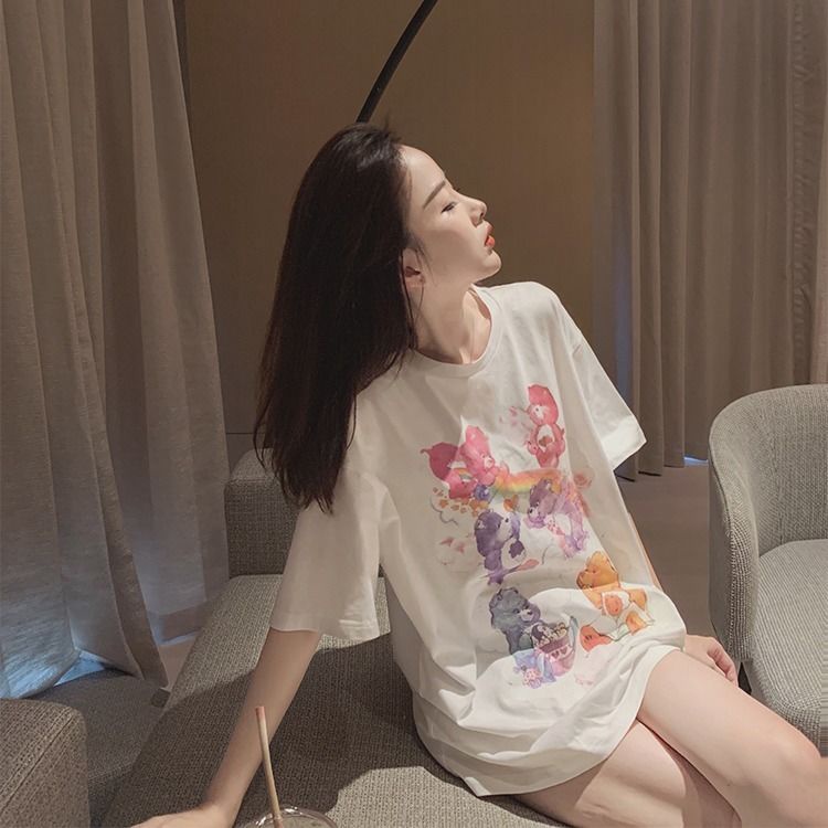 Jiashucheng Áo Thun Cotton Tay Ngắn Dáng Rộng In Hình Gấu Màu Xanh Dương Thời Trang Mùa Hè 2023 Mới Cho Nữ