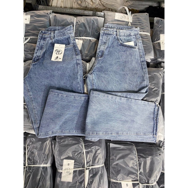 Quần baggy jean trơn line rách cơ bản