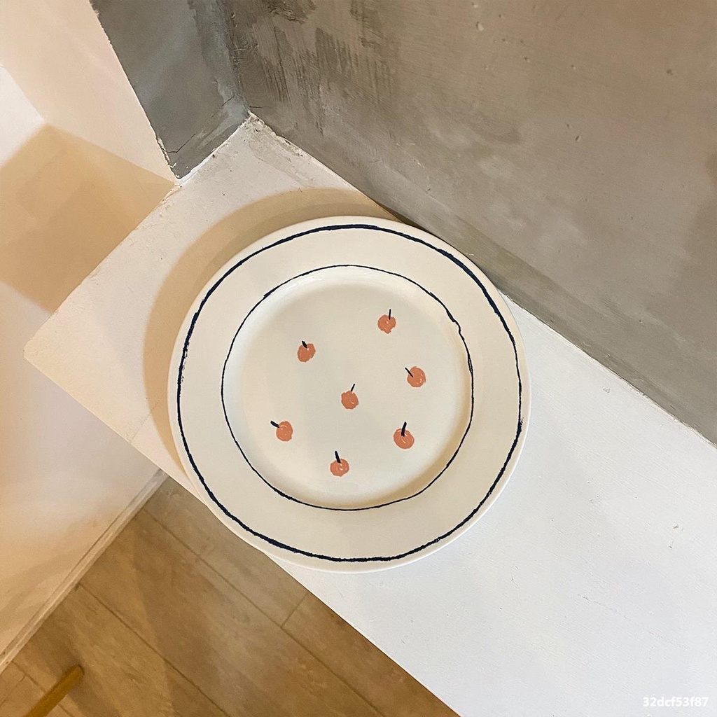 Đĩa sứ viền xanh cherry hồng cao cấp xinh xắn