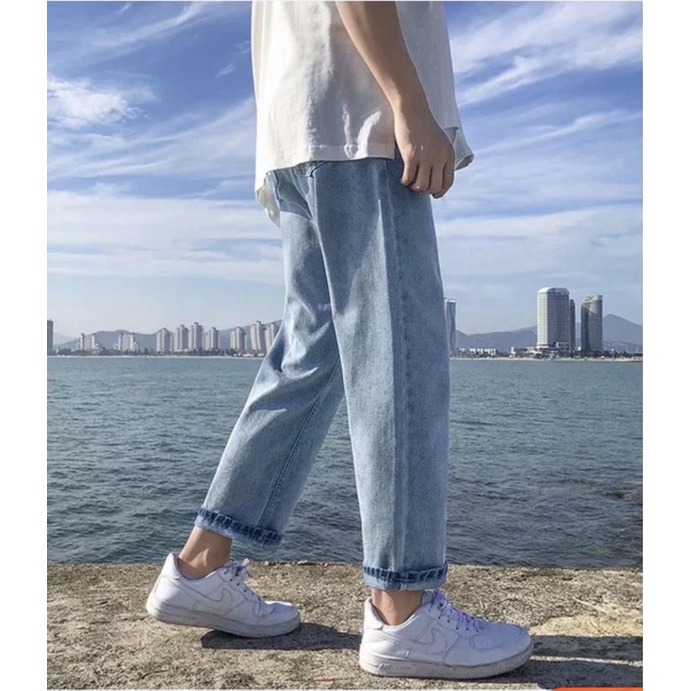 QUẦN BAGGY JEANS XANH TRƠN FORM UNISEX NAM NỮ (hình chụp thật)