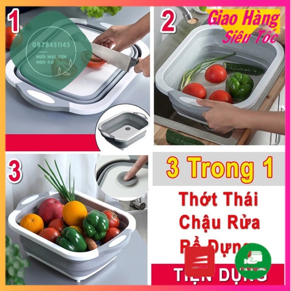 Thớt nhựa kiêm chậu gấp gọn đa năng - Thau kiêm thớt xếp gọn - Thớt nhựa 3in1 rổ đựng