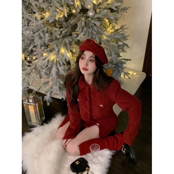 Set áo croptop dạ đỏ đính nơ phối chân váy chữ A nổi bật đi chơi Noel, Tết HanaStore