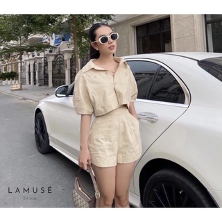 Brooklyn Set - Set áo sơ mi + short vải thô dạo phố màu nude