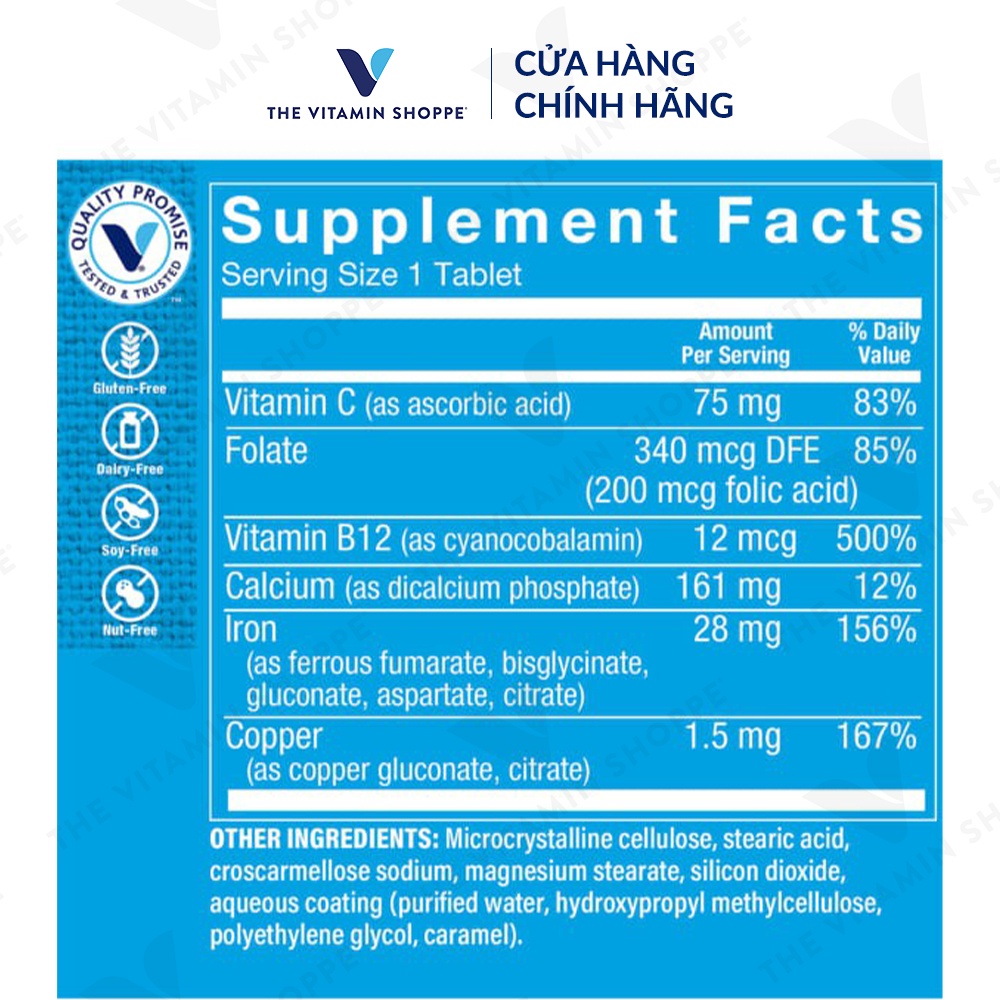 Viên uống bổ sung sắt giảm nguy cơ thiếu máu THE VITAMIN SHOPPE Iron Complex 100 viên