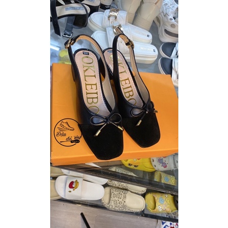 Giày sandanl cao gót nữ bít mũi gắn nơ đế vuông 3cm ảnh thật shop tự quay