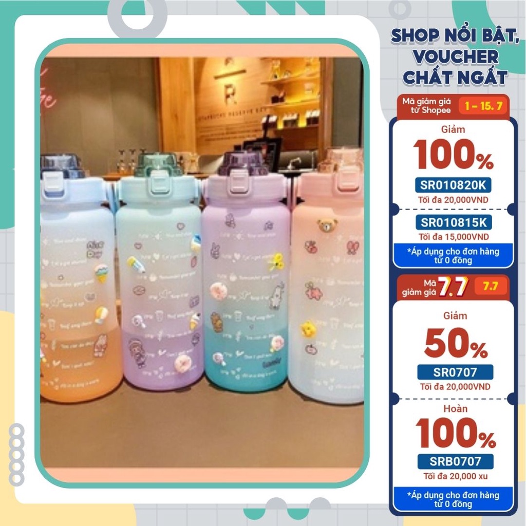 Bình nước 2 lít chia vạch có ống hút dành cho người lười uống nước tập gym tặng 5 Sticker dễ thương