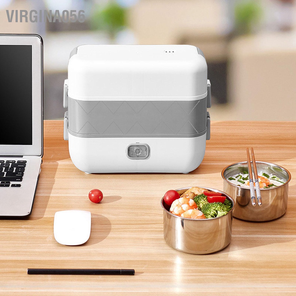 Virgina056 Hộp cơm điện 200W hâm nóng hai lớp thức ăn di động cho xe hơi ở nhà và nơi làm việc