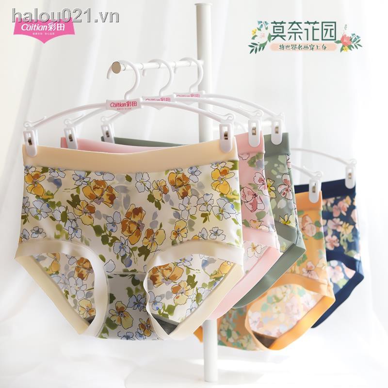 ✿Ready stock✿ Traceless underwear 3 pieces of Caitian printed women s spring and summer silky milk ice silk ultra-thin seamless waist bag hip antibacterial boxer briefs