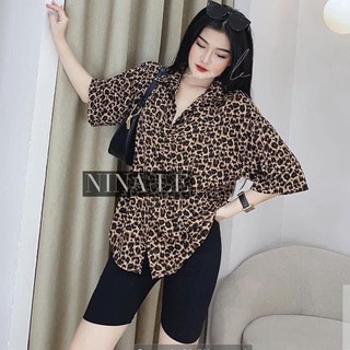 Set áo sơ mi thụng hoạ tiết báo mix quần legging ngắn - HY24