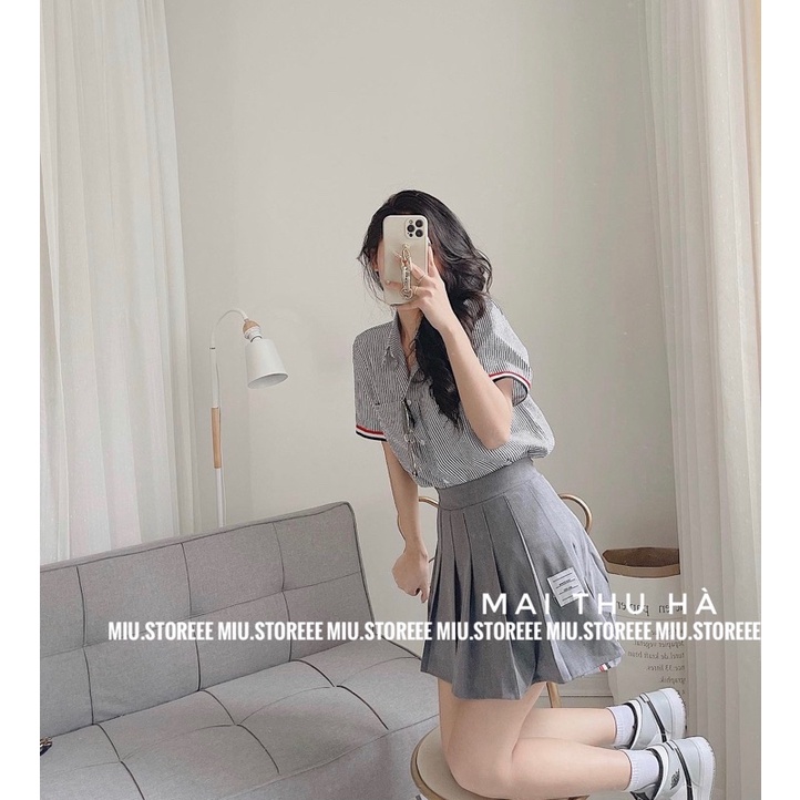 SET ÁO SƠ MI SỌC ĐEN KÈM CHÂN VÁY TENNIS XẾP LY XÁM SSMCVX