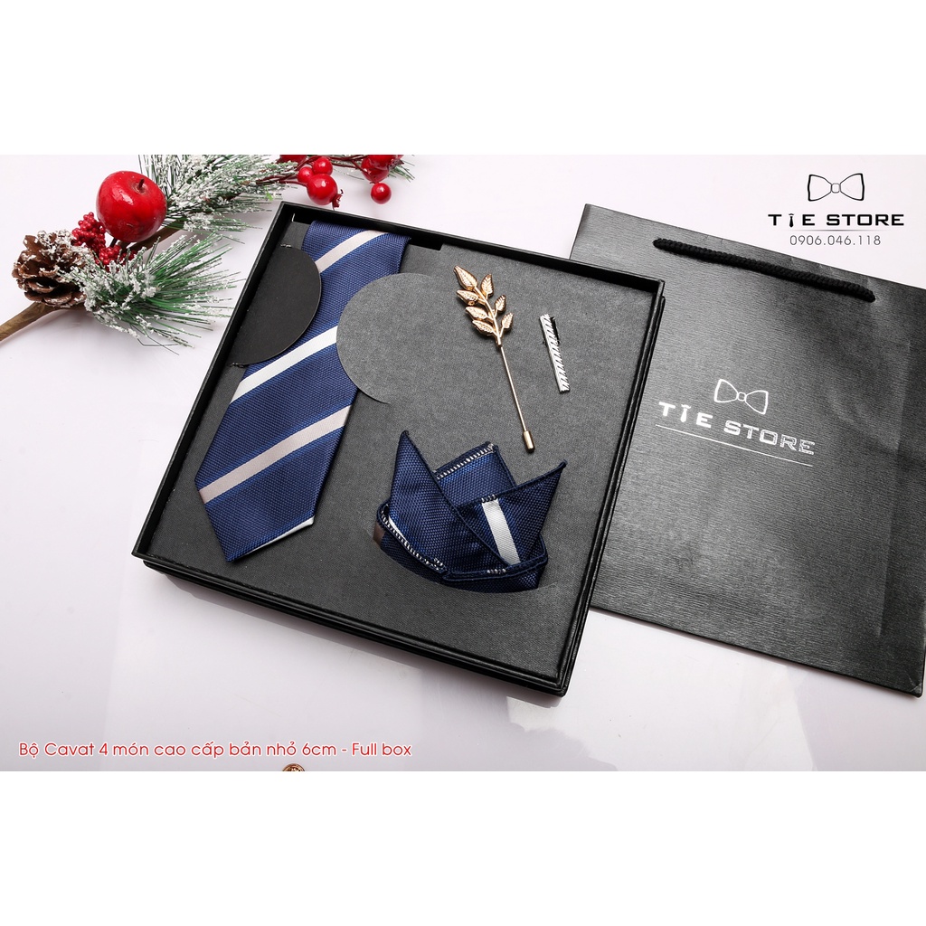[ QUÀ TẶNG ] Cavat Bộ Cao Cấp Hàn Quốc 4 món Phụ Kiện - Full box kèm túi xách, xanh đen kẻ