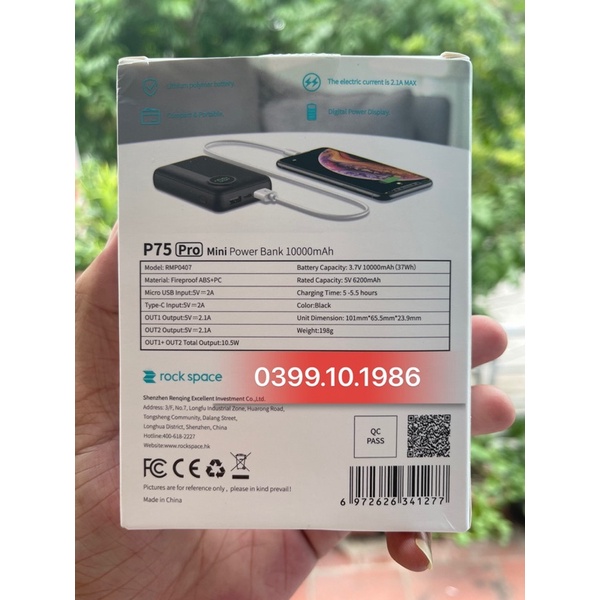 Sạc dự phòng mini ROCK P75 PRO 10.000mAh nhỏ gọn siêu trâu