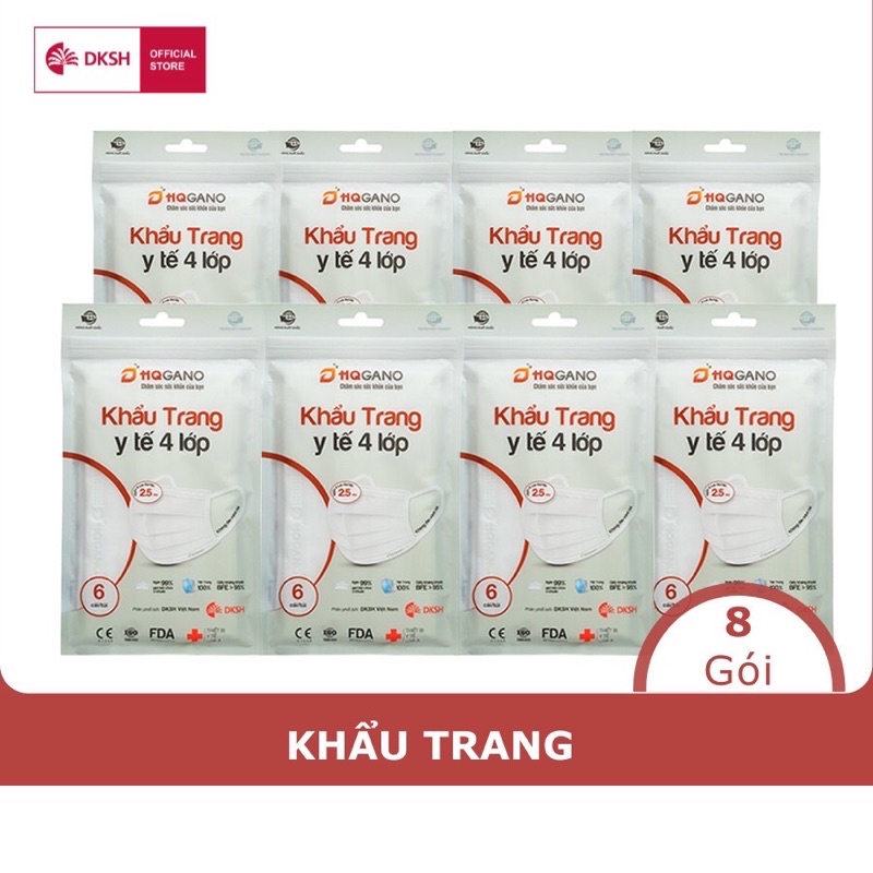 mCombo 8 Gói khẩu trang y tế quai thun 4 lớp HQGANO kháng khuẩn,đạt chuẩn xuất khẩu,ko mùi,mềm mại