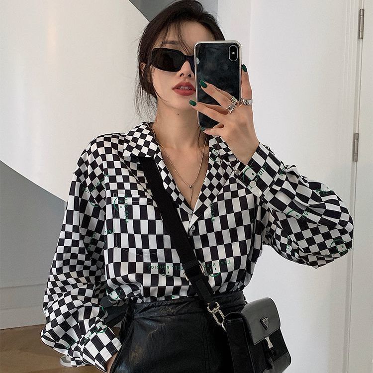 COZOK Áo Sơ Mi Caro Tay Dài Dáng Rộng Thời Trang Cho Nữ