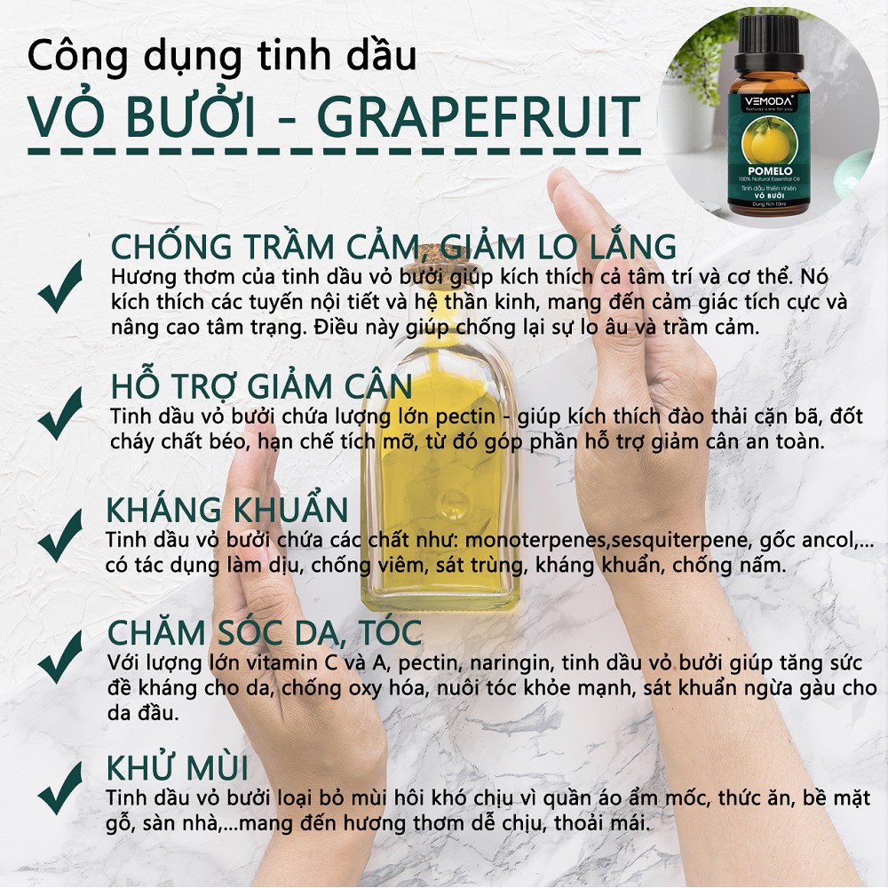 Tinh dầu xông phòng cao cấp Vemoda gồm: Oải hương + Vỏ bưởi MG + Cam tươi (10ml/lọ)