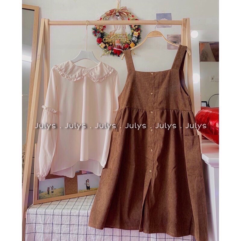 [Ảnh thật] Set yếm nâu babydoll chất nhung tăm kèm áo cổ bèo tiểu thư ulzzang