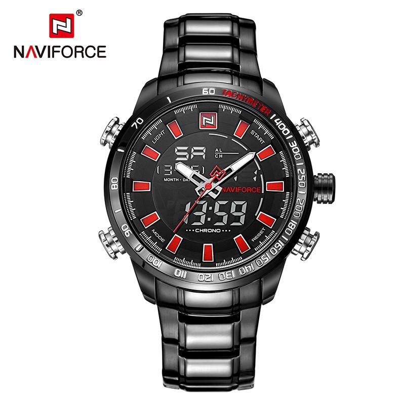 NAVIFORCE NF9093 Men Sport Fashion Stainless Steel Band Analog Digital Watch