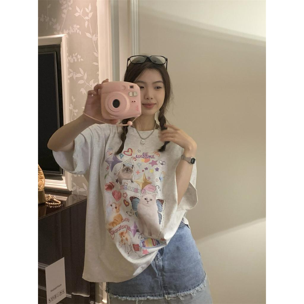 Áo Thun Cotton Dáng Rộng Ngắn Tay In Hình Mèo Dễ Thương Phong Cách Mới 62885