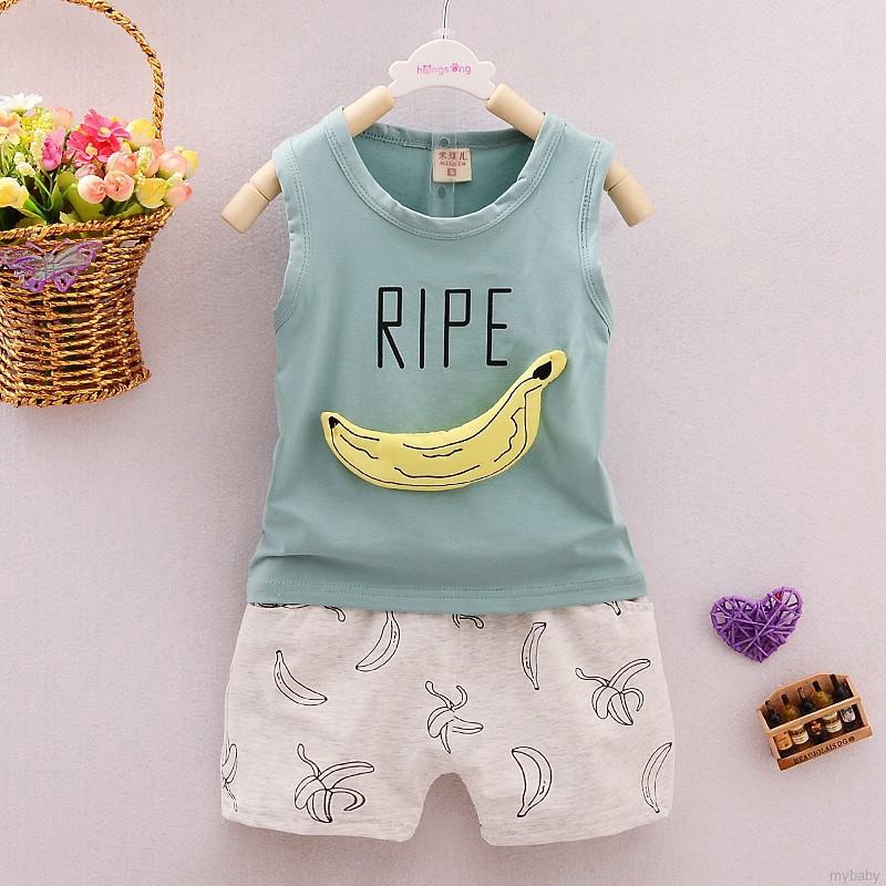 Bộ Đồ 2 Món Áo Ba Lỗ + Quần Short Vải Cotton In Hình Chuối Thời Trang Mùa Hè Cho Bé Trai