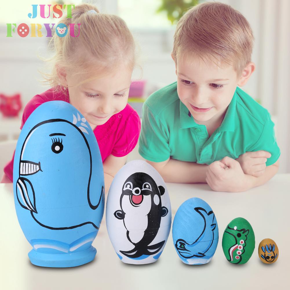 Đồ Chơi Búp Bê Nga Matryoshka Bằng Gỗ 5 Lớp Vẽ Tay Hình Cá Voi Xanh Kiểu Dân Tộc