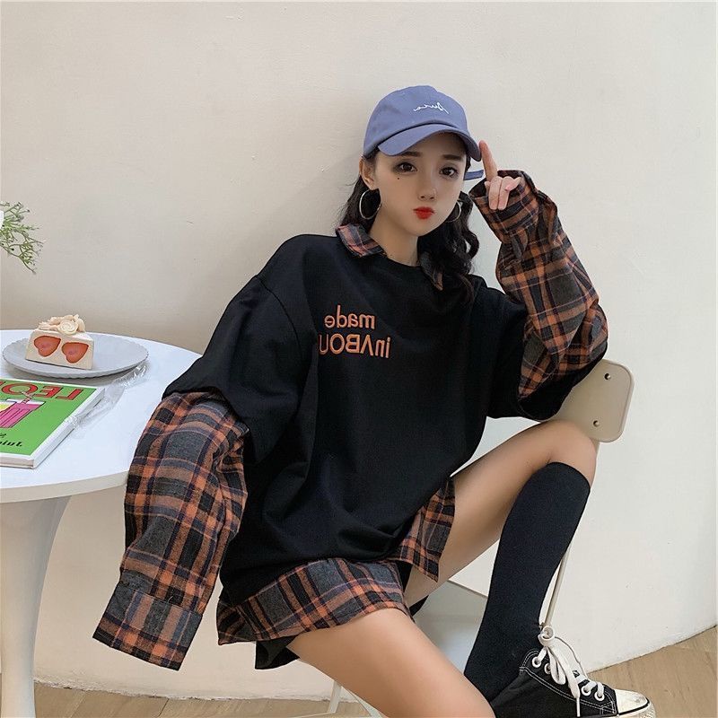 Áo sweater dài tay giả hai lớp họa tiết sọc caro thời trang dành cho nữ