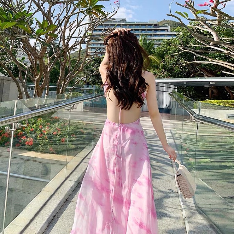 /order taobao/ Đầm Maxi 2 dây Đan Lưng Hồng Yêu Yêu