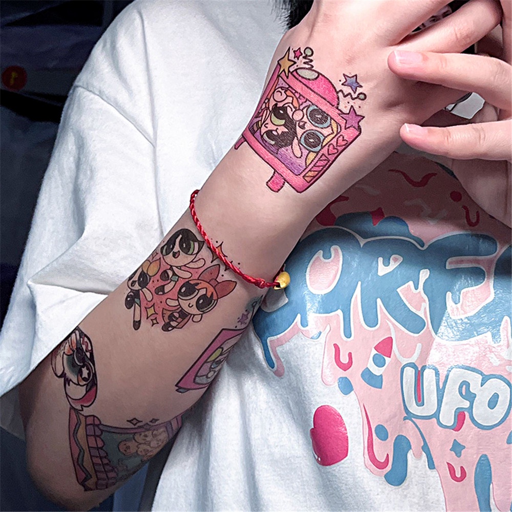 Bộ 17 Tấm Hình Xăm Dán Họa Tiết Hoạt Hình Powerpuff Girls Chống Nước Lâu Trôi Cho Nữ