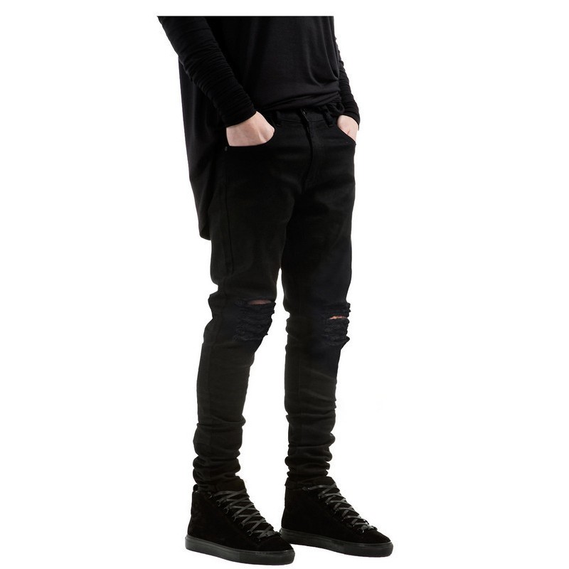 High Street Tide Brand Pure Black Slim Pants Elastic Jeans Men's Slim Ripped Jeans
