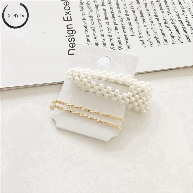 Kẹp tóc kim loại đính hạt giả ngọc trai phong cách Hàn Quốc