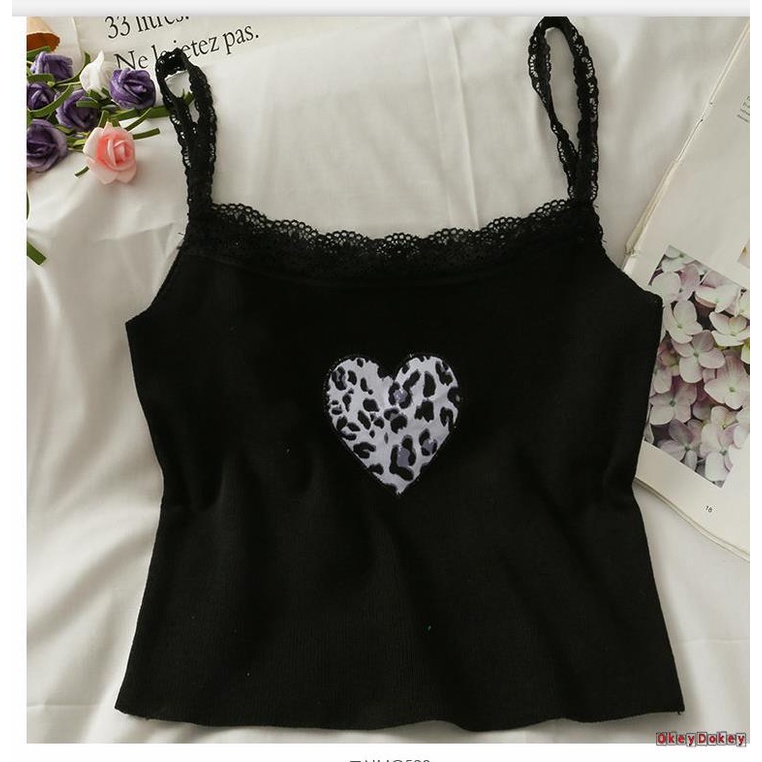 Áo dệt kim không tay viền ren hở eo in họa tiết da báo cho bạn gái