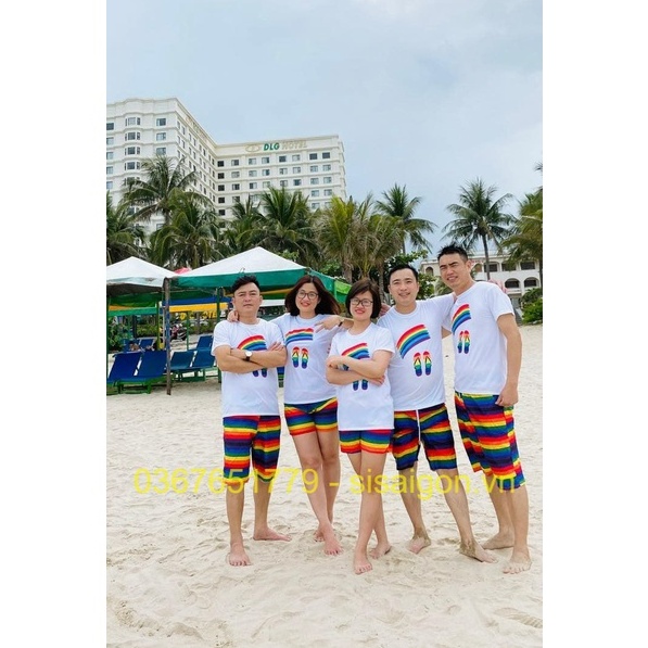 Áo gia đình in hình đôi dép cầu vòng, đồng phục gia đình nhóm 3,4,5 người chất thun cotton dày dặn mặt mát mịn
