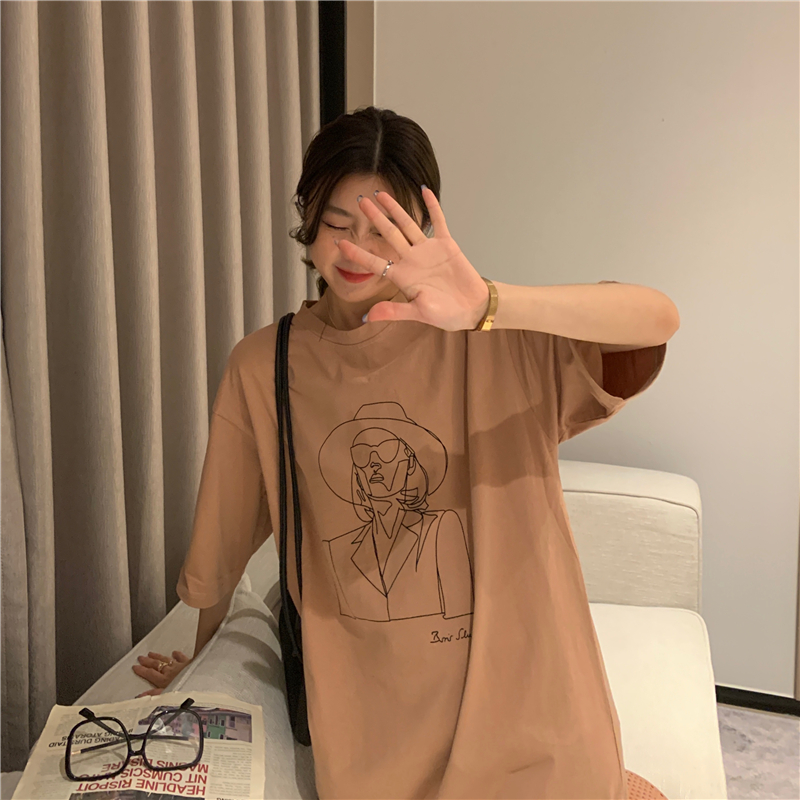 Đầm midi tay ngắn in họa tiết chân dung thời trang trẻ trung cho nữ