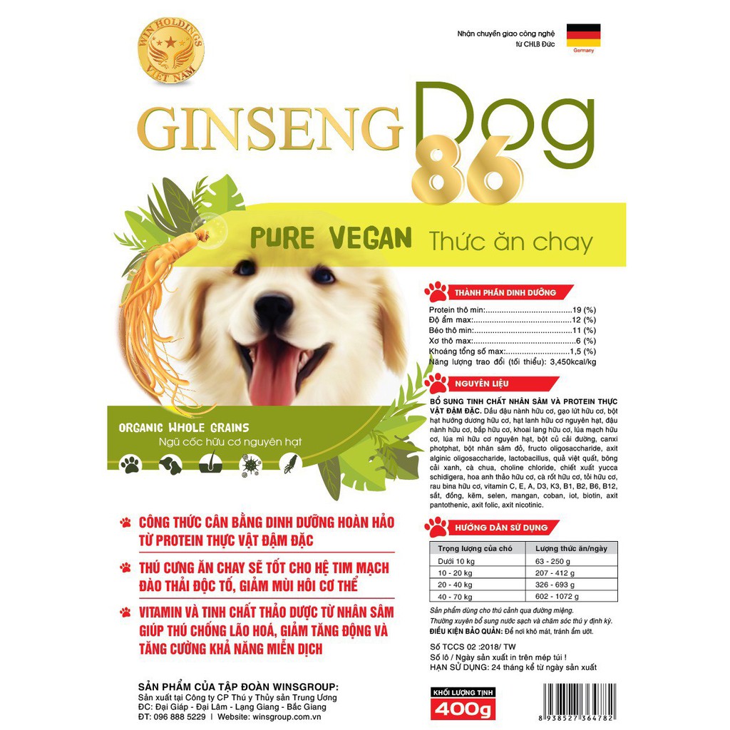 THỨC ĂN HẠT CHAY VEGAN CHO CHÓ GINSENG Dog​ 86