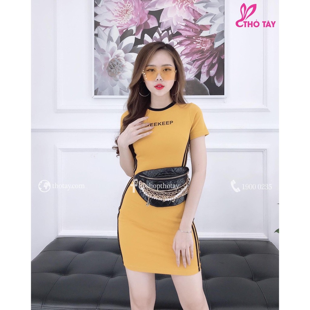 Đầm Body Tay Ngắn In Chữ WEEKEEP Kết Hợp Phối Viền Hai Bên Eo Cá Tính TTS0780