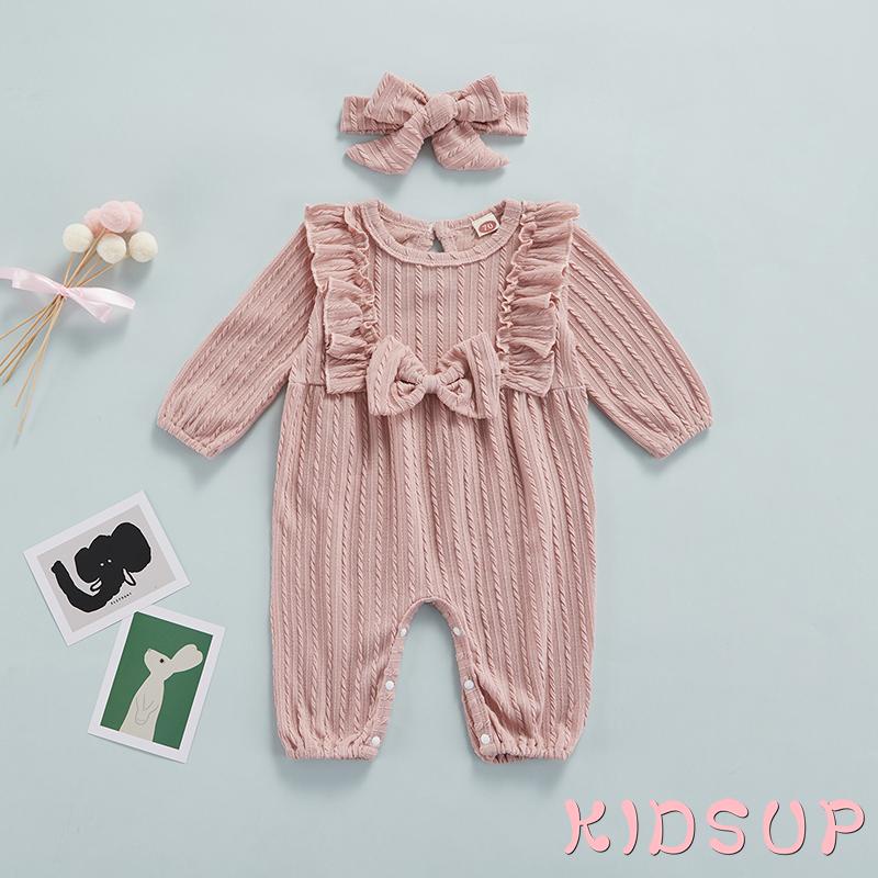 Set Áo liền quần tay dài cổ tròn + băng đô cài tóc nhiều màu sắc cho bé