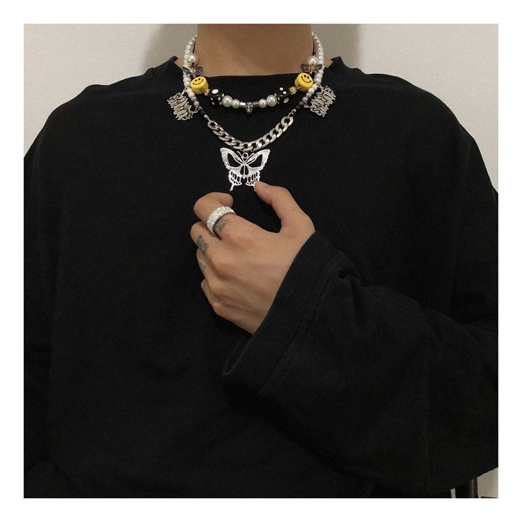 Dây chuyền mặt đầu lâu phối bướm và xúc xắc gốm sứ phong cách hiphop thời trang dành cho nữ