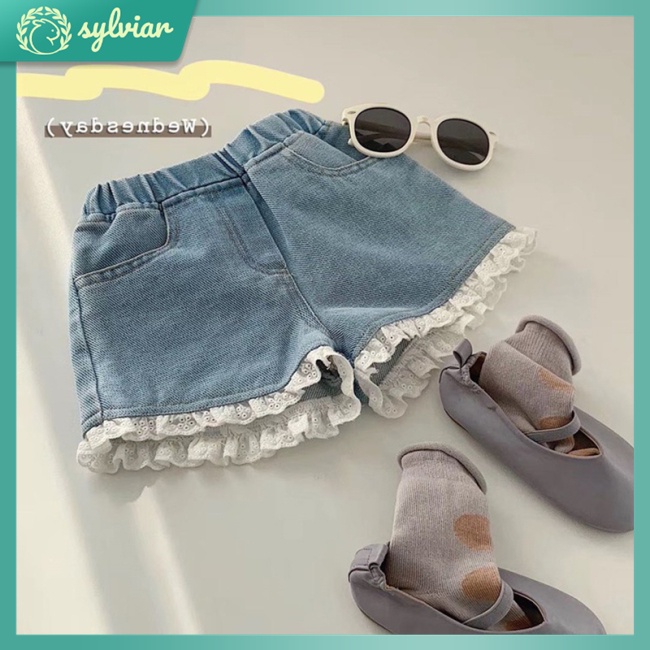 Quần Short Denim Viền Ren Lưng Vừa Thời Trang Mùa Hè Cho Nữ