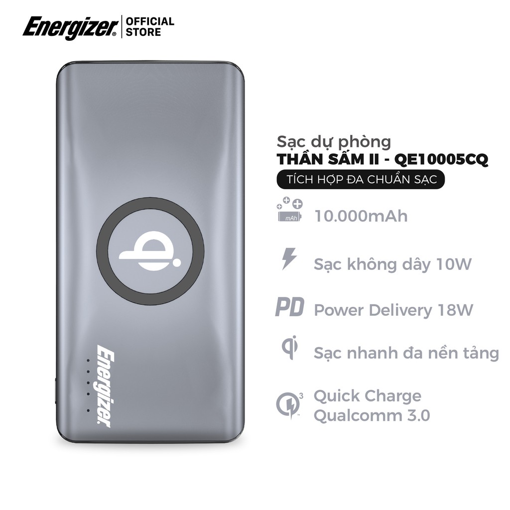 Sạc dự phòng Energizer THẦN SẤM II 10,000mAh QE10005CQ - Tích hợp sạc nhanh đa nền tảng, sạc không dây chuẩn Qi