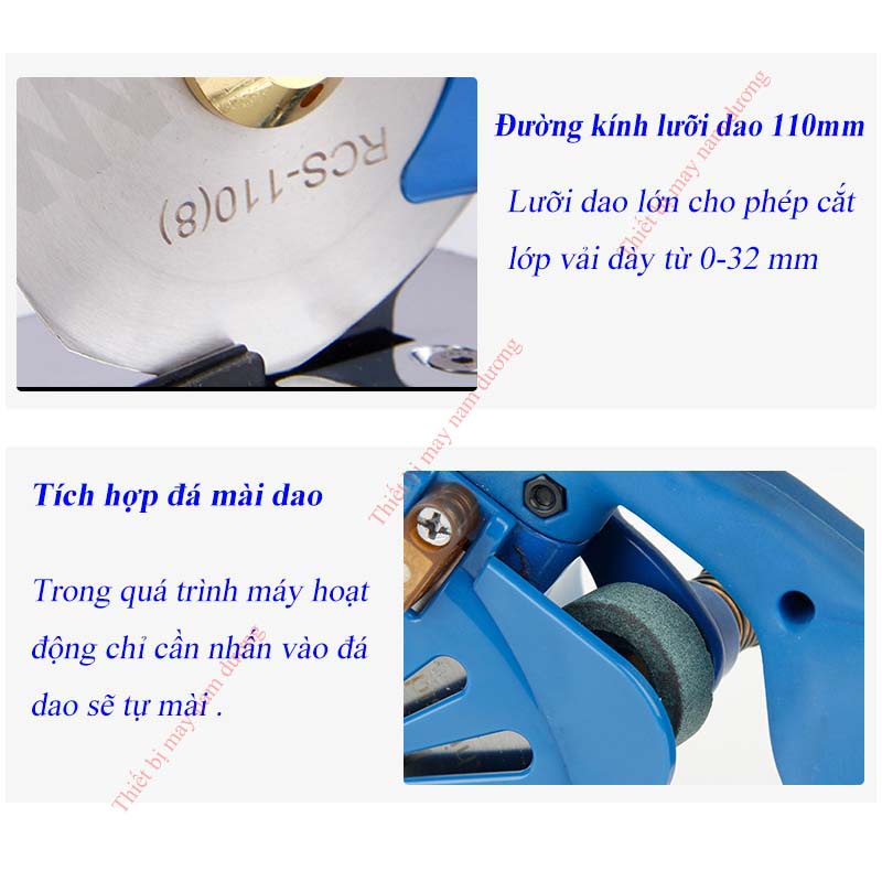 Máy cắt vải cầm tay chạy pin RCS-110 nhỏ gọn tiện lợi &gt; có 5 chế cắt &gt; đèn LED chiếu sáng