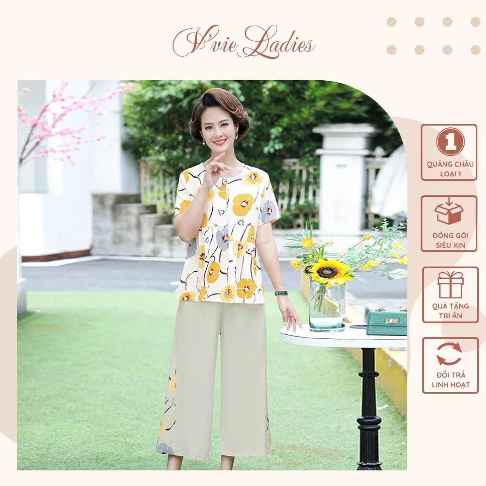 Đồ bộ nữ trung niên - Áo voan phi lụa họa tiết hoa, Quần vải lanh ống rộng 2 màu cam/vàng V'vie Ladies
