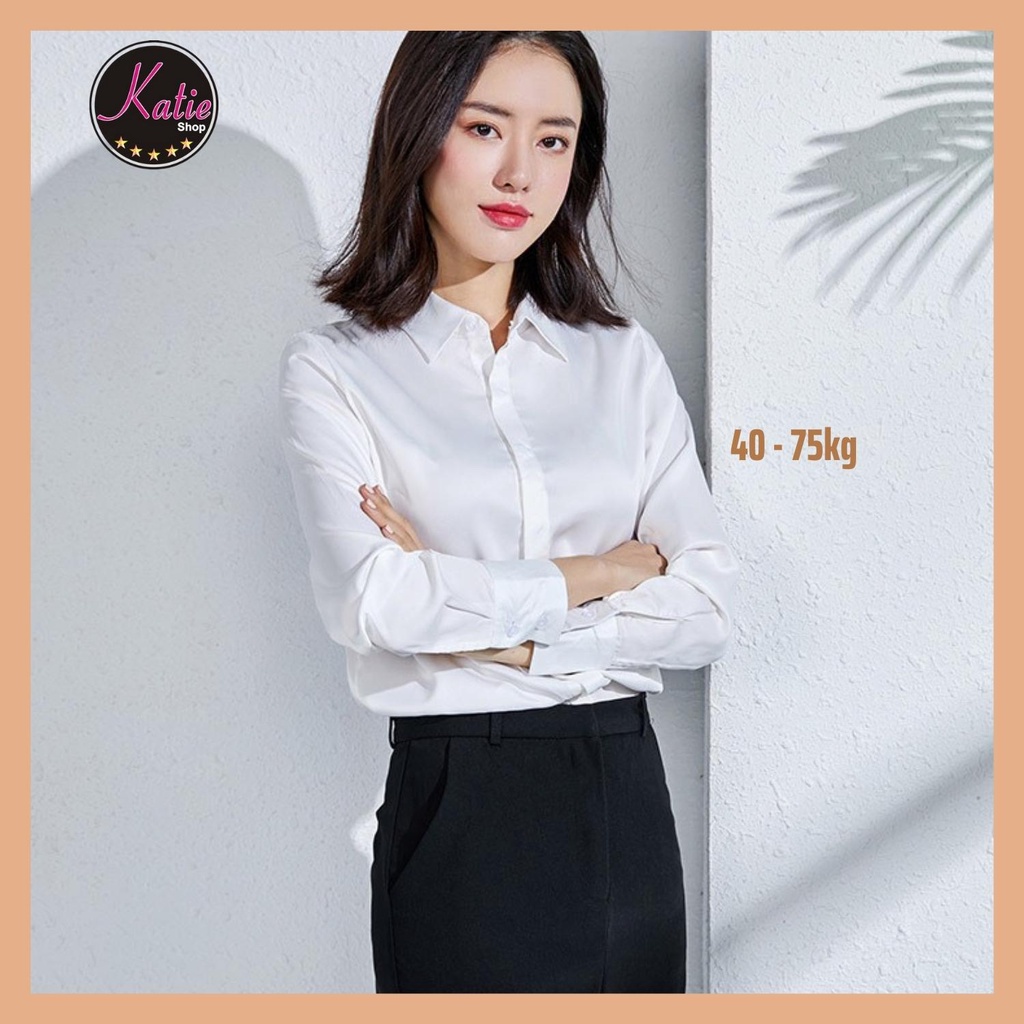 Áo Sơ Mi Trắng Nữ Công Sở Katie, Sơ Mi Trắng Sáng Tay Dài Chất Áo Trắng Cotton Thoáng Mát Không Nhăn Có Bigsize Từ 40-75