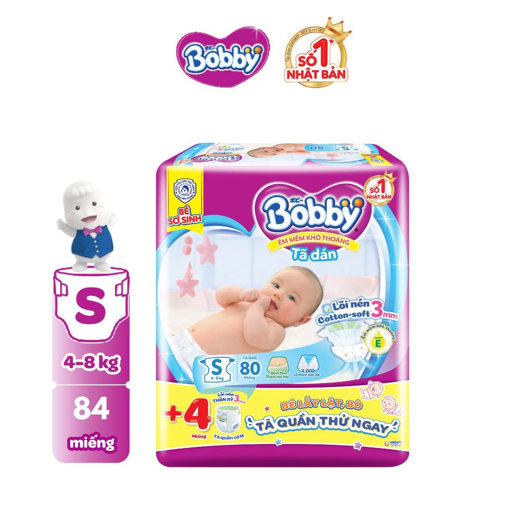 Tã dán Bobby S84/M76/L68/XL62/XXL56 mới- Lõi nén cotton-soft 3mm
