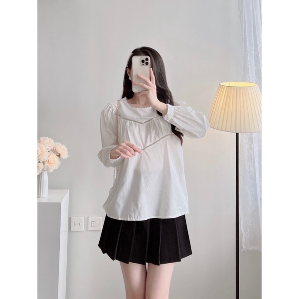Áo sơ mi babydoll cổ viền ren sang chảnh Linstore thiết kế