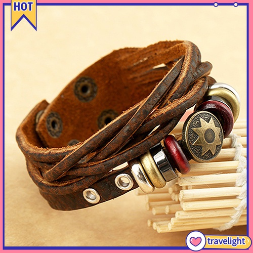 (Travelight) Vòng Tay Da Bện Nhiều Lớp Phong Cách Punk Vintage Cho Nam