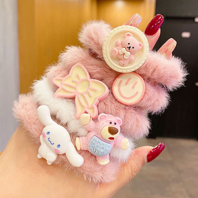 Set 5 Chun Buộc Tóc Dành Cho Nữ Lông Nhung, Đính Charm Kèm Túi Đựng